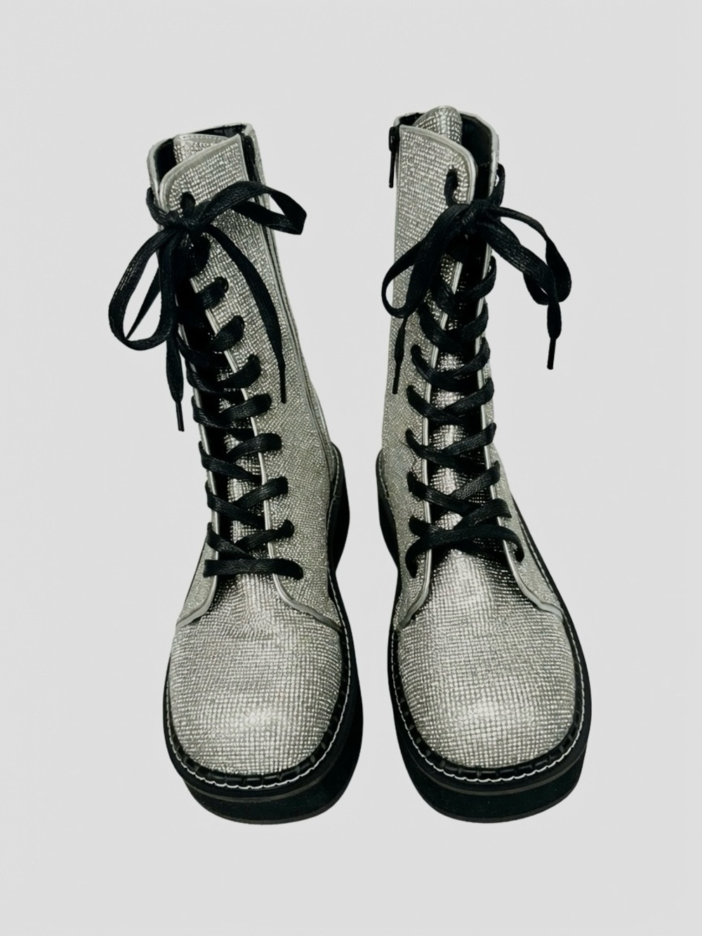 Demonia Emily-362 Silver Rhinestone Platform Combat Boots